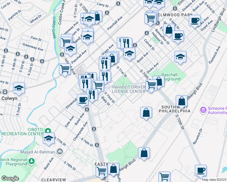 map of restaurants, bars, coffee shops, grocery stores, and more near 2618 South 72nd Street in Philadelphia