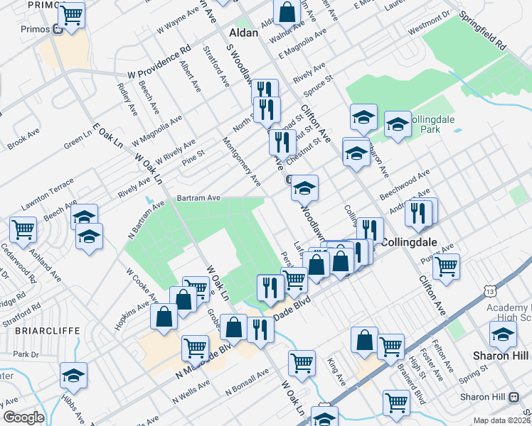 map of restaurants, bars, coffee shops, grocery stores, and more near 535 Lafayette Avenue in Collingdale