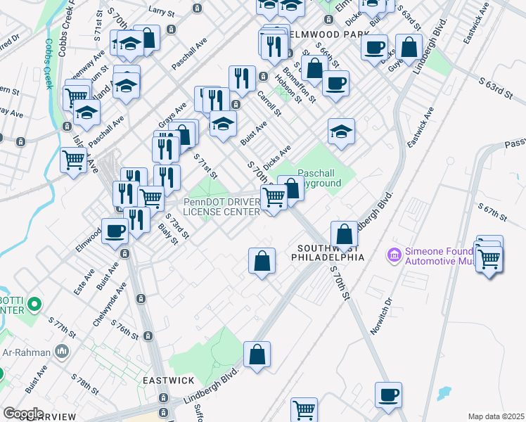 map of restaurants, bars, coffee shops, grocery stores, and more near 7031 Grovers Avenue in Philadelphia