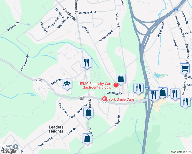 map of restaurants, bars, coffee shops, grocery stores, and more near 4304 Rowen Court in York