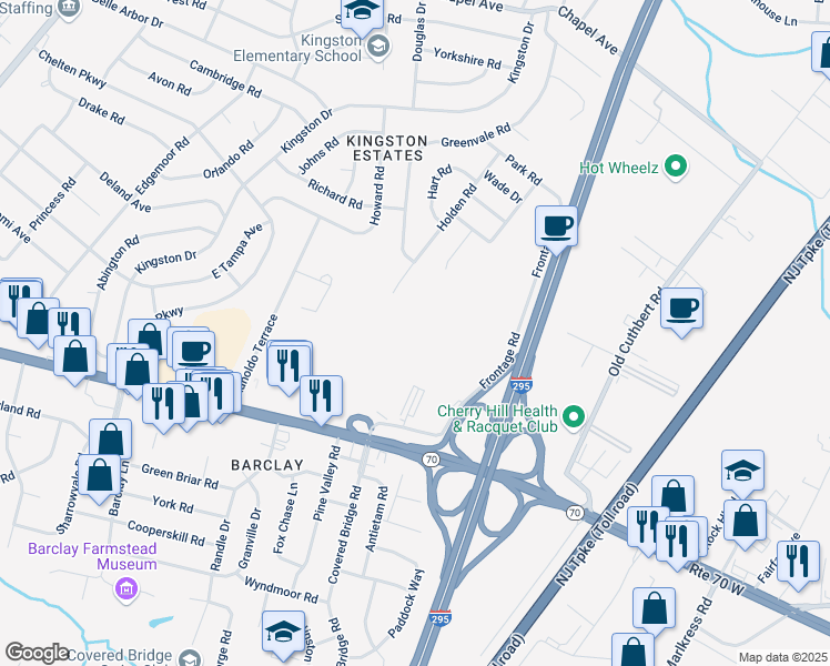 map of restaurants, bars, coffee shops, grocery stores, and more near 1900 Frontage Road in Cherry Hill