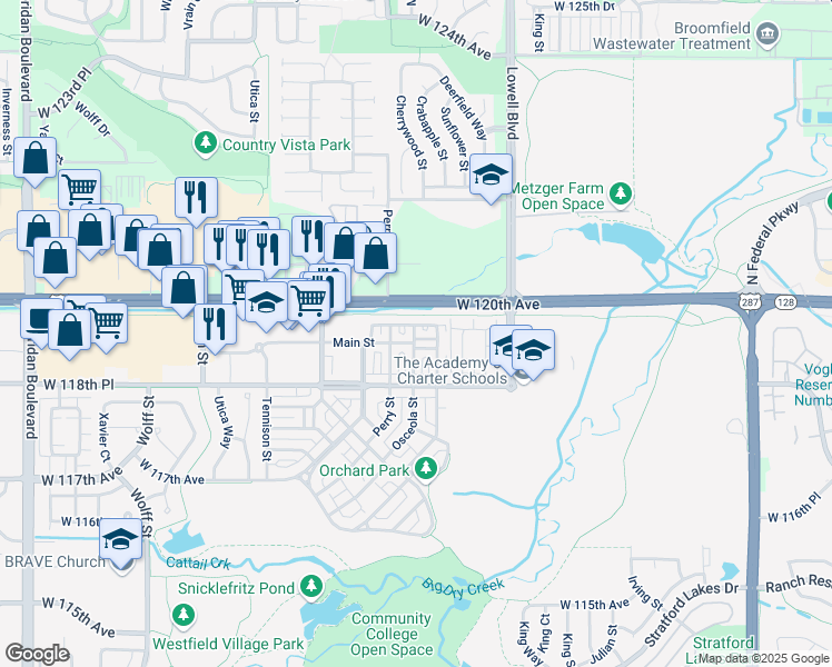 map of restaurants, bars, coffee shops, grocery stores, and more near 3867 West 119th Mews in Westminster