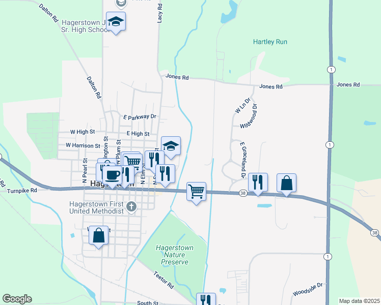 map of restaurants, bars, coffee shops, grocery stores, and more near 299 North Sycamore Street in Hagerstown