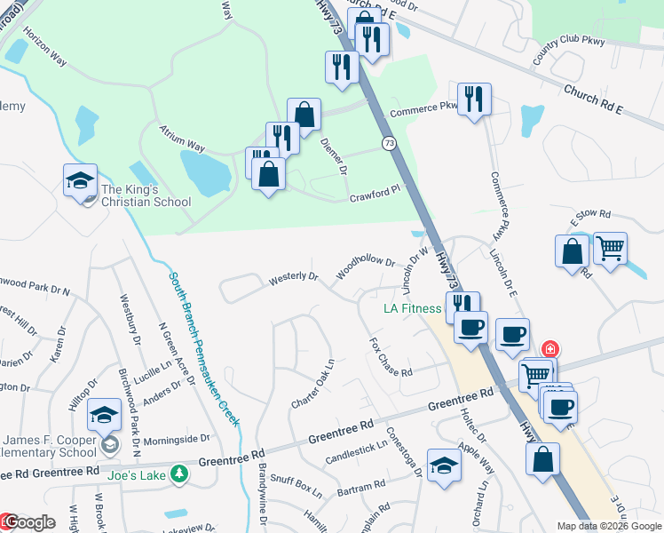 map of restaurants, bars, coffee shops, grocery stores, and more near 1516 Woodhollow Drive in Evesham