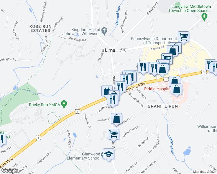 map of restaurants, bars, coffee shops, grocery stores, and more near 33 Cabot Court in Media
