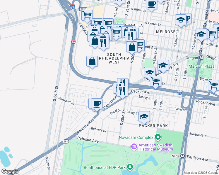 map of restaurants, bars, coffee shops, grocery stores, and more near 2117 West Moyamensing Avenue in Philadelphia