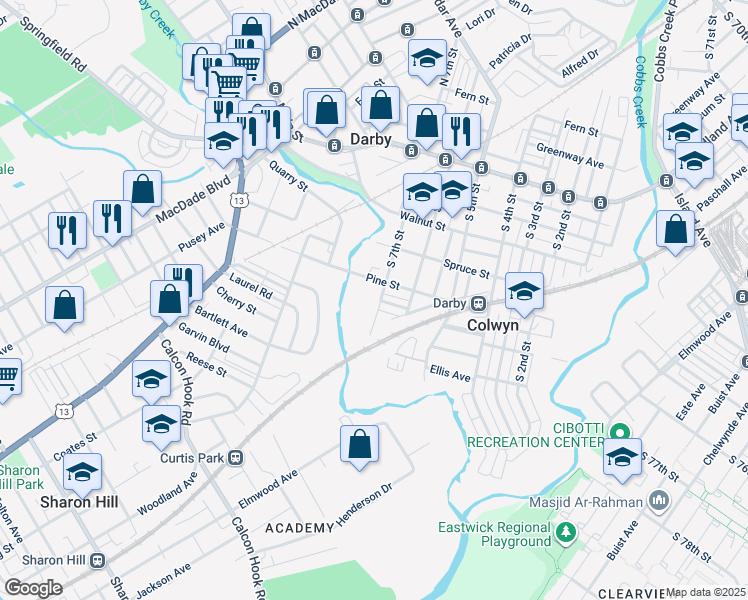 map of restaurants, bars, coffee shops, grocery stores, and more near 416 South 7th Street in Darby