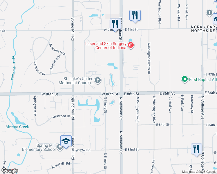 map of restaurants, bars, coffee shops, grocery stores, and more near 8650 Jaffa Court West Drive in Indianapolis
