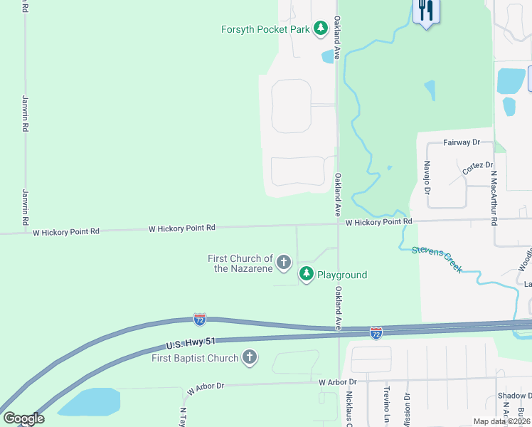 map of restaurants, bars, coffee shops, grocery stores, and more near 1270 West Hickory Point Road in Decatur