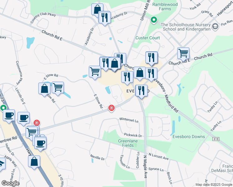 map of restaurants, bars, coffee shops, grocery stores, and more near 170 East Greentree Road in Evesham