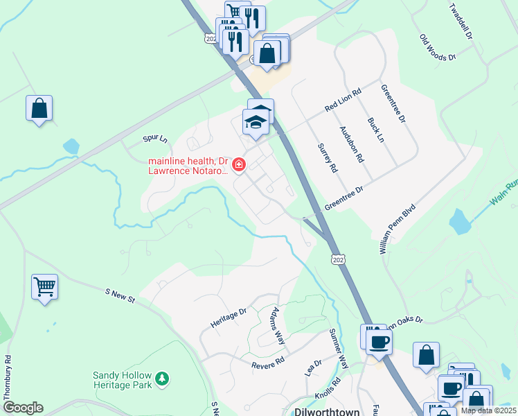 map of restaurants, bars, coffee shops, grocery stores, and more near 160 Chaps Lane in West Chester