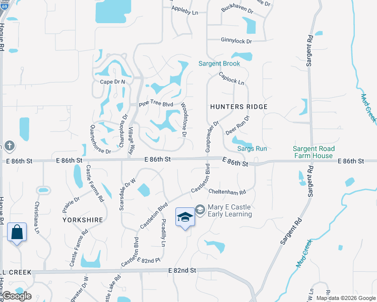 map of restaurants, bars, coffee shops, grocery stores, and more near 8553 Woodstone Way South in Indianapolis