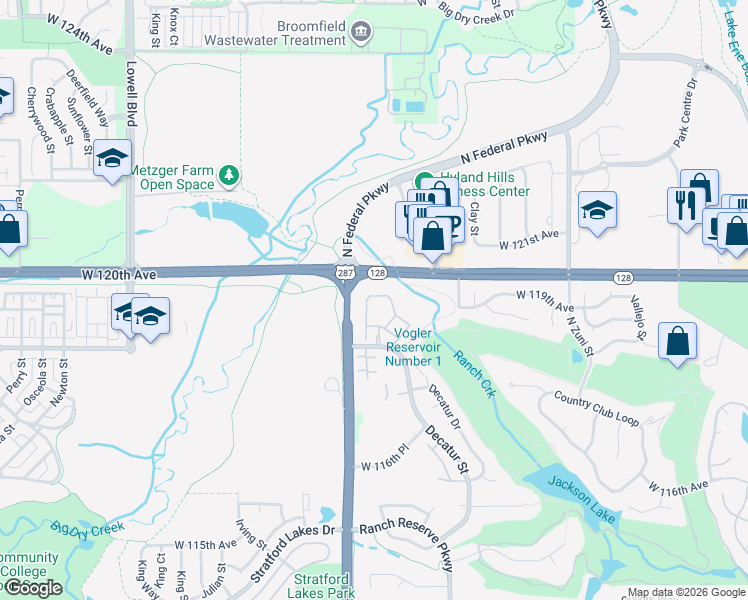 map of restaurants, bars, coffee shops, grocery stores, and more near 2929 West 119th Avenue in Westminster