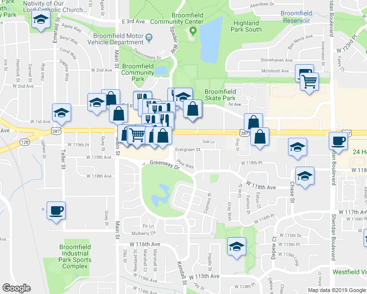 map of restaurants, bars, coffee shops, grocery stores, and more near 50 Evergreen Street in Broomfield