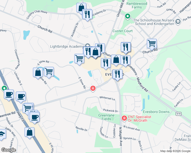map of restaurants, bars, coffee shops, grocery stores, and more near 170 East Greentree Road in Evesham