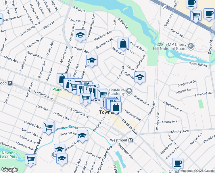 map of restaurants, bars, coffee shops, grocery stores, and more near 107 Cooper Avenue in Oaklyn