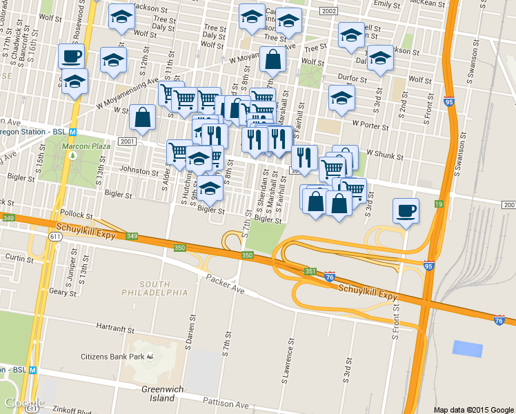 map of restaurants, bars, coffee shops, grocery stores, and more near 2818 South 7th Street in Philadelphia
