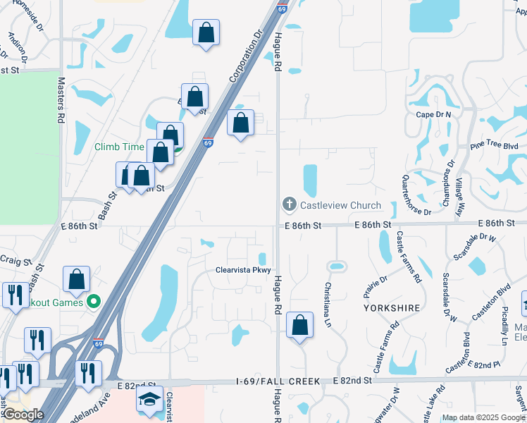 map of restaurants, bars, coffee shops, grocery stores, and more near 7640 East 86th Street in Indianapolis