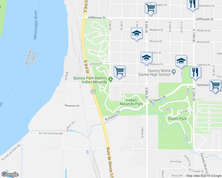 map of restaurants, bars, coffee shops, grocery stores, and more near 1518 South 5th Street in Quincy