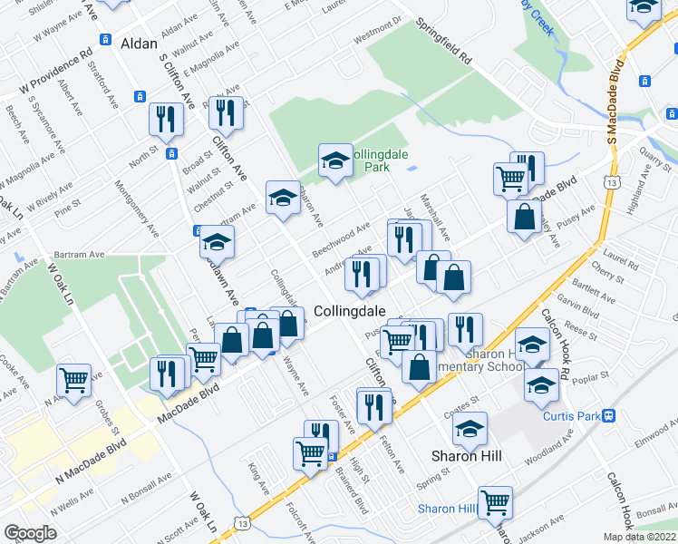 map of restaurants, bars, coffee shops, grocery stores, and more near 708 Andrews Avenue in Darby