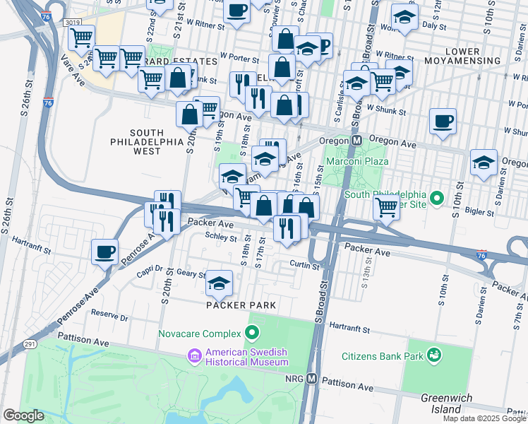 map of restaurants, bars, coffee shops, grocery stores, and more near 3002 South Colorado Street in Philadelphia