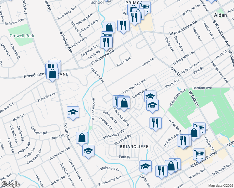 map of restaurants, bars, coffee shops, grocery stores, and more near 711 Ashland Avenue in Delaware County