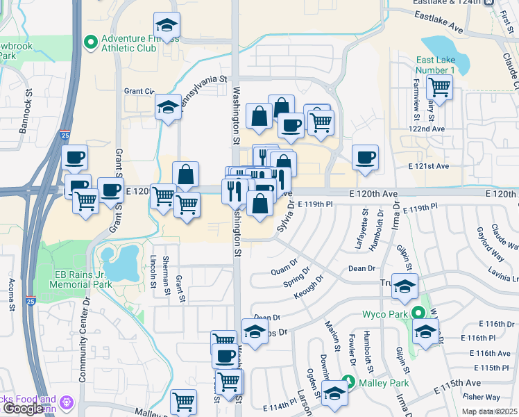 map of restaurants, bars, coffee shops, grocery stores, and more near 11934 Washington Street in Denver