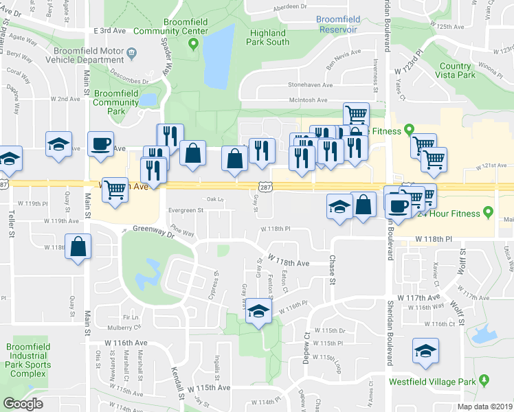 map of restaurants, bars, coffee shops, grocery stores, and more near 5900 West 120th Avenue in Broomfield