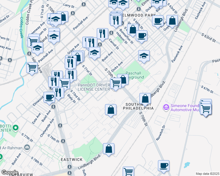 map of restaurants, bars, coffee shops, grocery stores, and more near 7031 Grovers Avenue in Philadelphia