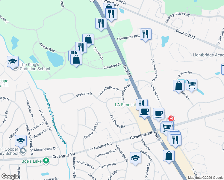 map of restaurants, bars, coffee shops, grocery stores, and more near 1004 Woodhollow Drive in Evesham Township