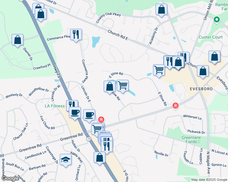 map of restaurants, bars, coffee shops, grocery stores, and more near 18 West Stow Road in Evesham