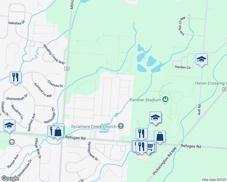 map of restaurants, bars, coffee shops, grocery stores, and more near 12340 Ebright Lane in Pickerington