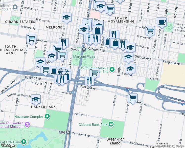 map of restaurants, bars, coffee shops, grocery stores, and more near 2915 South 13th Street in Philadelphia