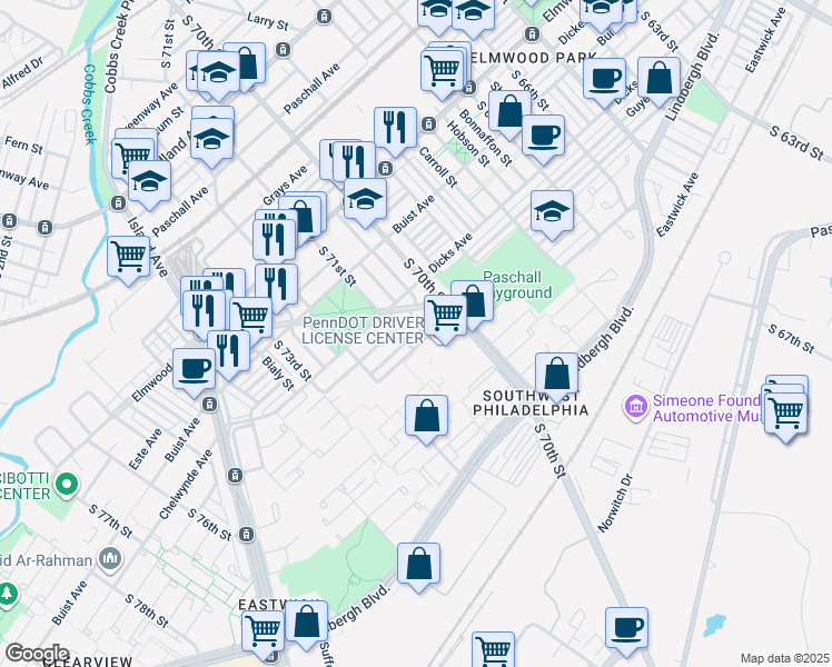 map of restaurants, bars, coffee shops, grocery stores, and more near 2742 South Muhfeld Street in Philadelphia