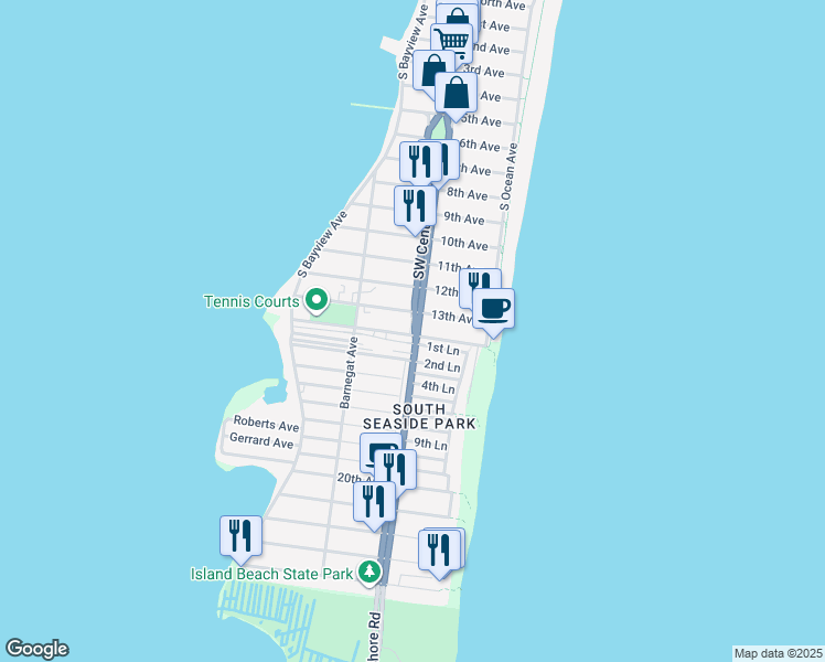 map of restaurants, bars, coffee shops, grocery stores, and more near 2207 Southwest Central Avenue in Seaside Park