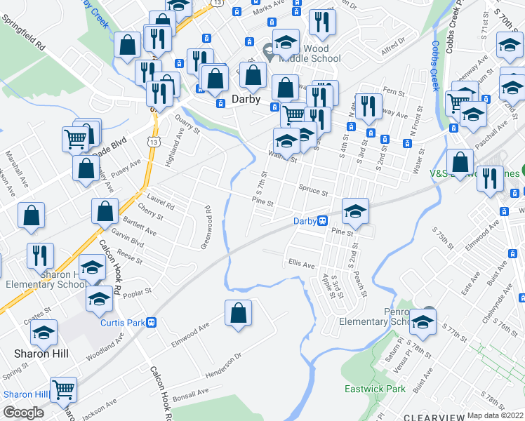 map of restaurants, bars, coffee shops, grocery stores, and more near 621 Colwyn Avenue in Darby