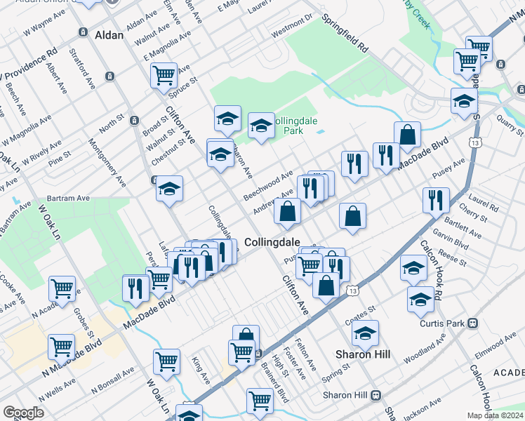 map of restaurants, bars, coffee shops, grocery stores, and more near 708 Andrews Avenue in Collingdale