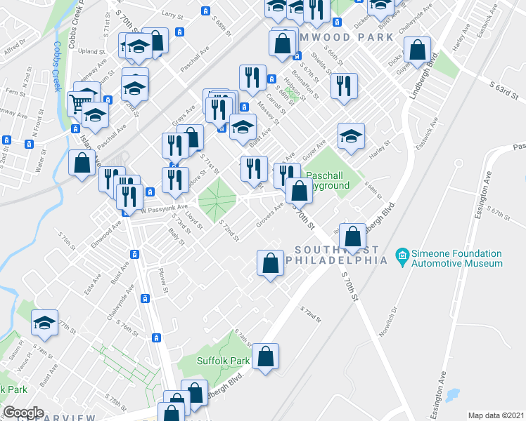 map of restaurants, bars, coffee shops, grocery stores, and more near 2740 S Muhlfeld St in Philadelphia