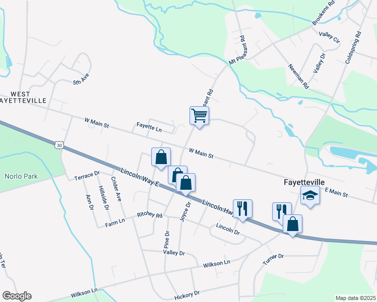 map of restaurants, bars, coffee shops, grocery stores, and more near 172 West Main Street in Fayetteville