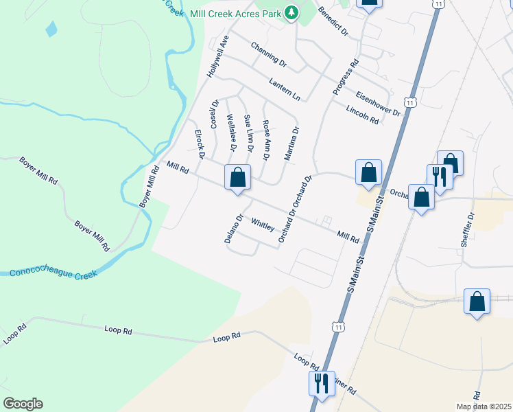 map of restaurants, bars, coffee shops, grocery stores, and more near 221 Mill Road in Chambersburg