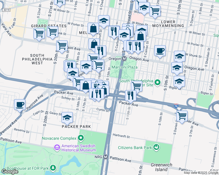 map of restaurants, bars, coffee shops, grocery stores, and more near 2942 South 15th Street in Philadelphia