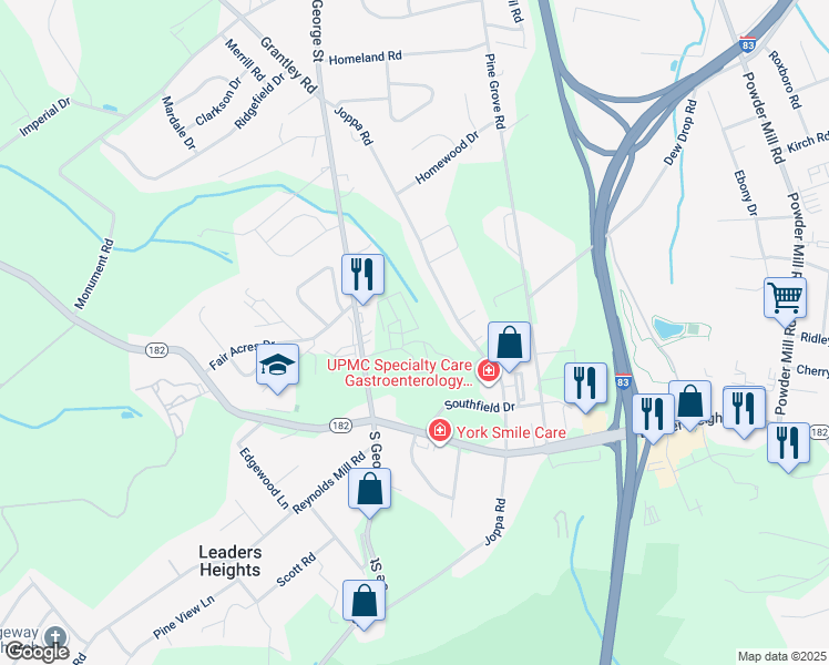 map of restaurants, bars, coffee shops, grocery stores, and more near 2549 South George Street in York
