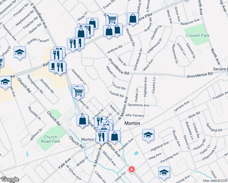 map of restaurants, bars, coffee shops, grocery stores, and more near 22 Locust Road in Morton