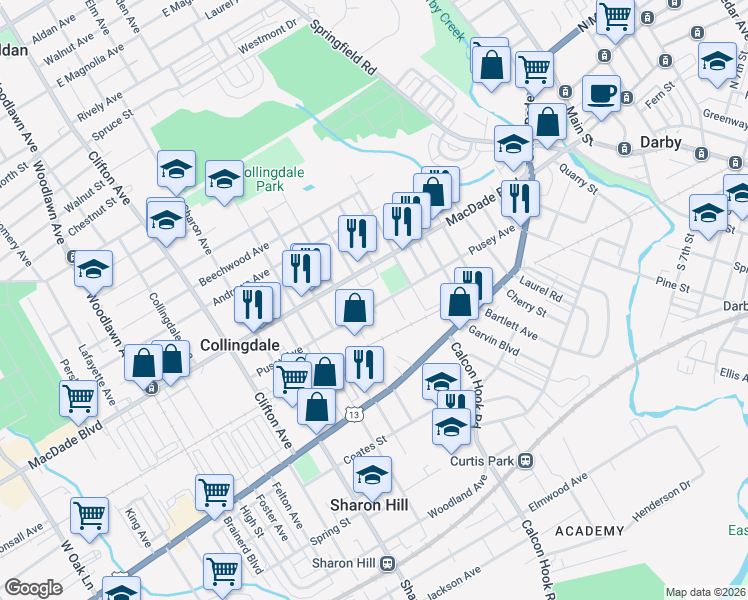 map of restaurants, bars, coffee shops, grocery stores, and more near 437-439 Pusey Avenue in Collingdale