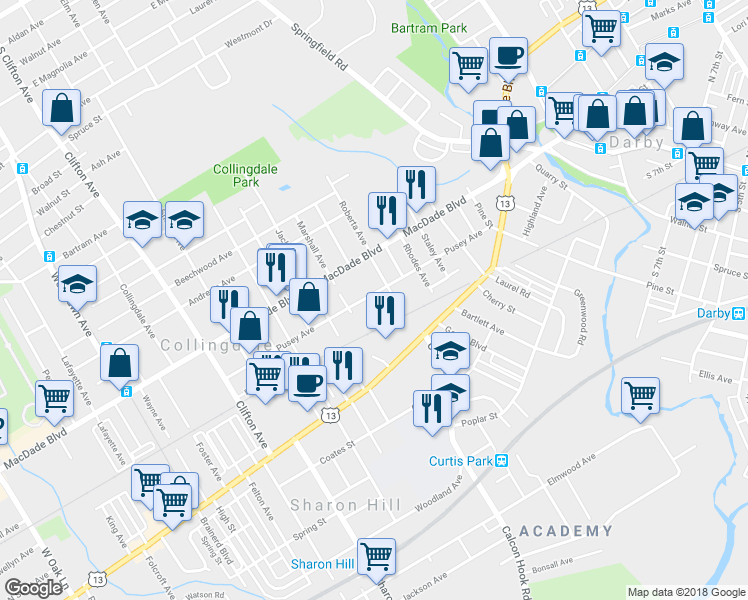 map of restaurants, bars, coffee shops, grocery stores, and more near 418 Pusey Avenue in Collingdale