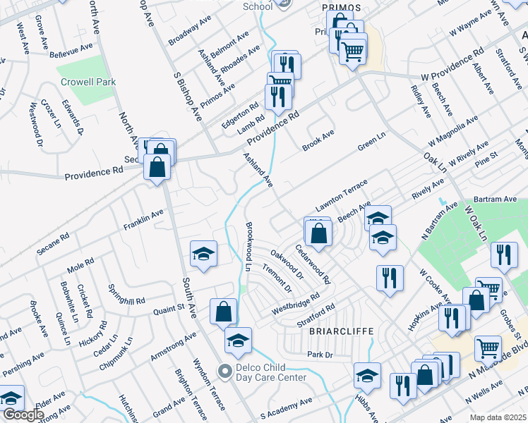 map of restaurants, bars, coffee shops, grocery stores, and more near 1275 Nicole Lane in Upper Darby