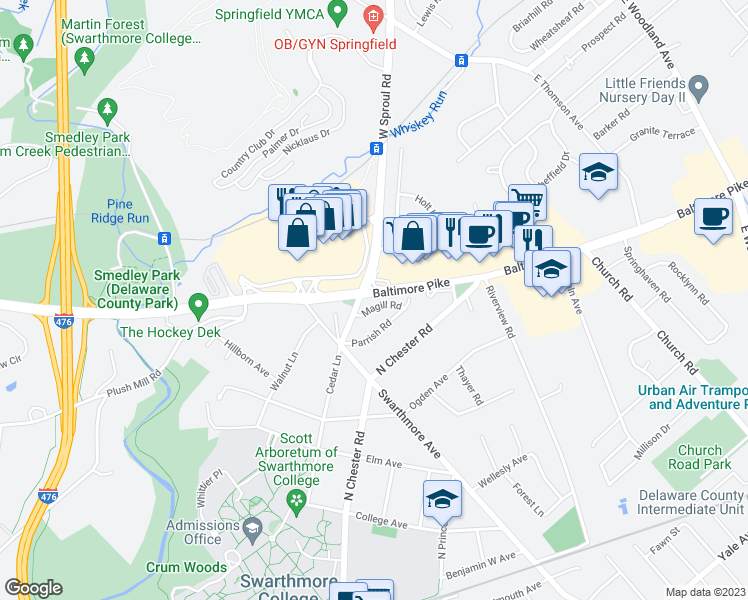 map of restaurants, bars, coffee shops, grocery stores, and more near 628 Magill Road in Swarthmore