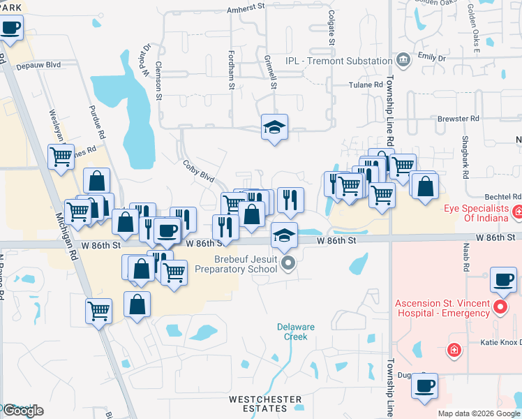map of restaurants, bars, coffee shops, grocery stores, and more near 2923 Spring Meadow Court in Indianapolis