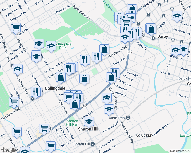 map of restaurants, bars, coffee shops, grocery stores, and more near 418 Pusey Avenue in Collingdale