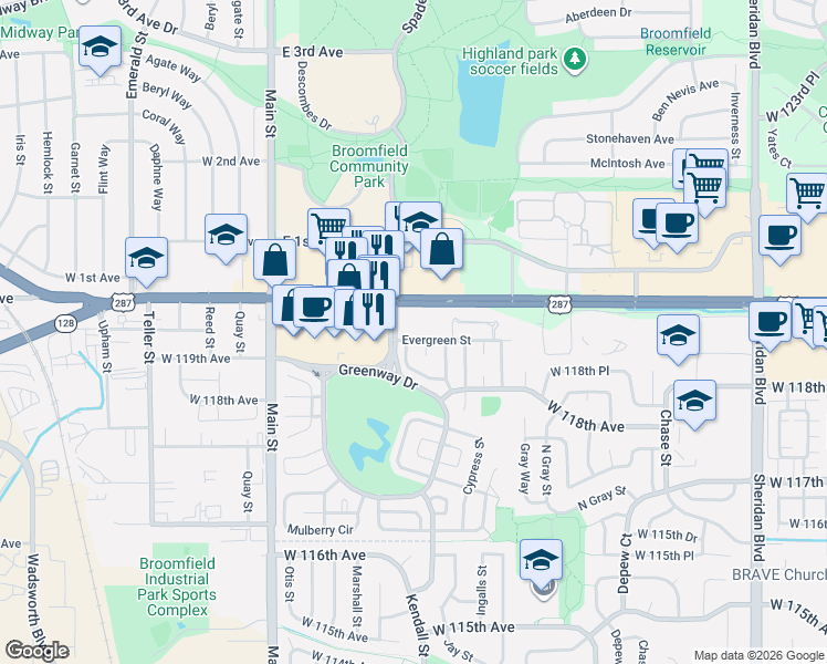map of restaurants, bars, coffee shops, grocery stores, and more near 50 Evergreen Street in Broomfield